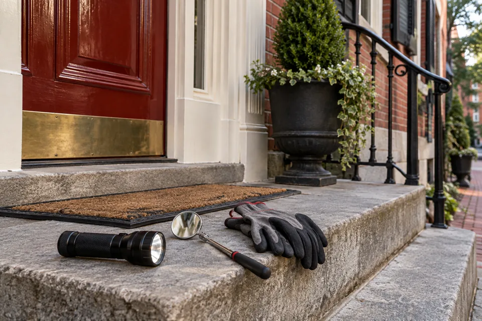 Pest inspection flashlight, mirror and gloves at a door threshold
