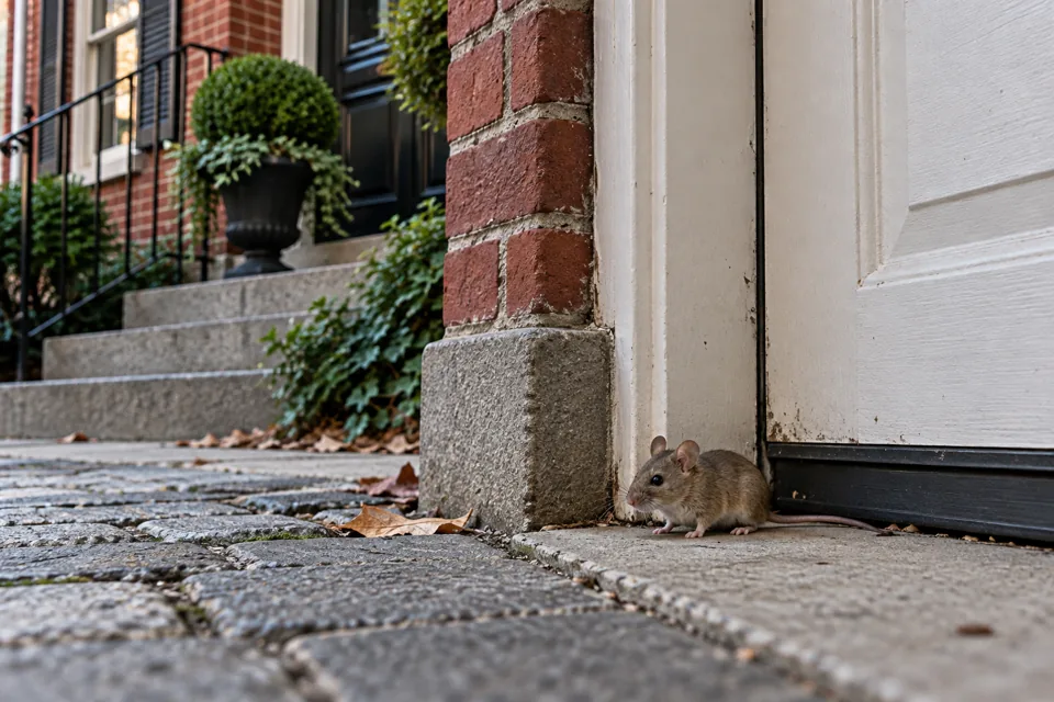 Small house mouse beside a garage door frame