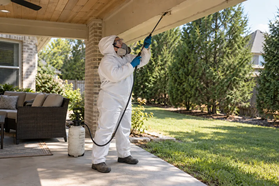 Technician in a protective suit treating a porch eave with a pole sprayer, spider control in Boston, Massachusetts