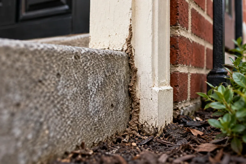 Earthen termite shelter tube beside concrete and wood trim